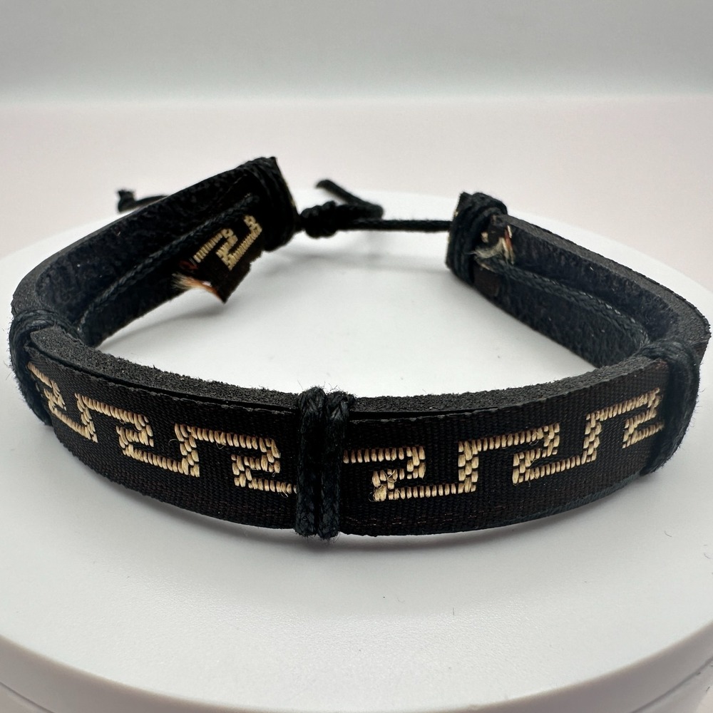 Vintage 90s Greek Key Leather Unisex Bracelet Black Woven Cord Adjustable Boho